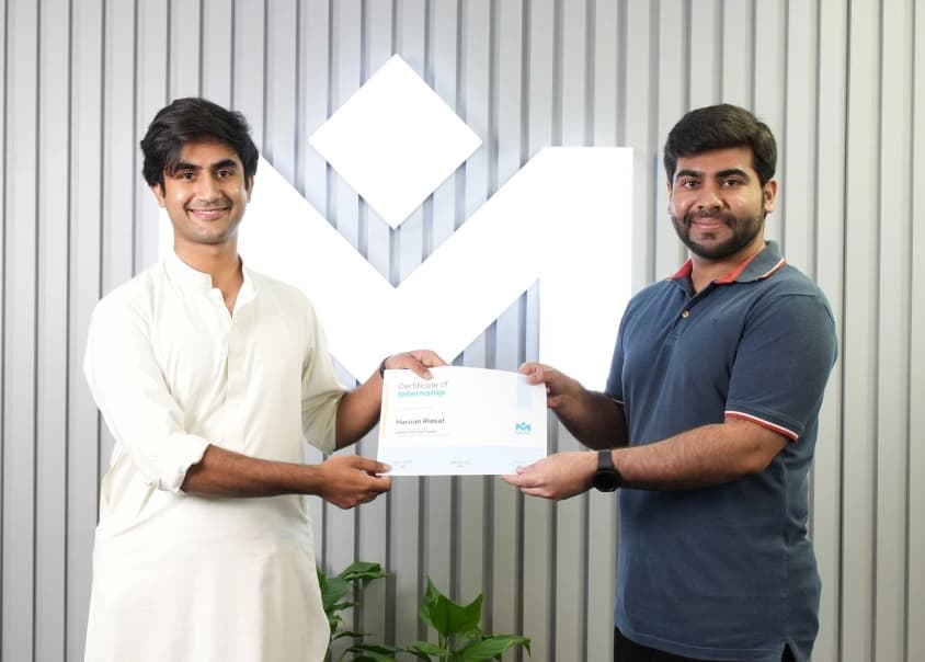 Umer Farooq, CTO of MRS Technologies handing over the completion certificate to the intern, Haroon Riasat - MRS Summers Internship Program | MRS Technologies Pakistan